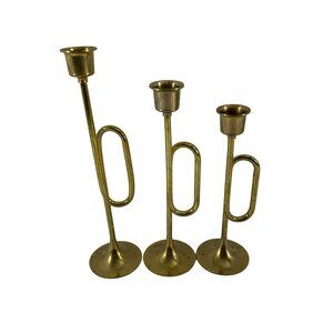 Vtg Set 3 Brass French Horn Taper Candlestick Holders Christmas Wedding Holiday